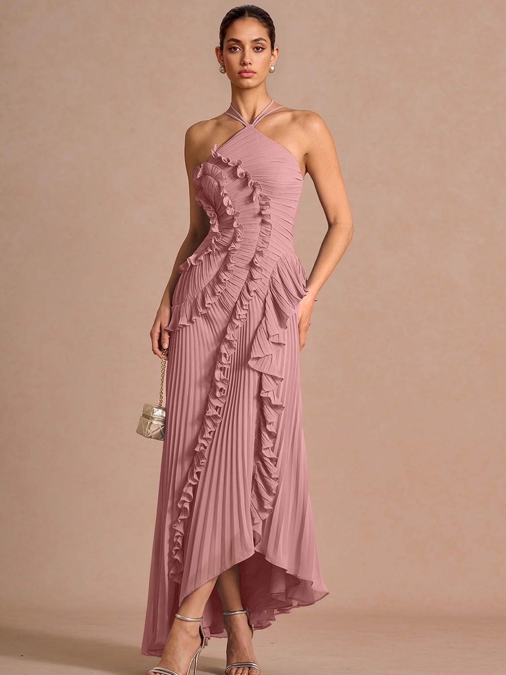 Elegant Blush Pink Ruffle Halter Maxi Dress